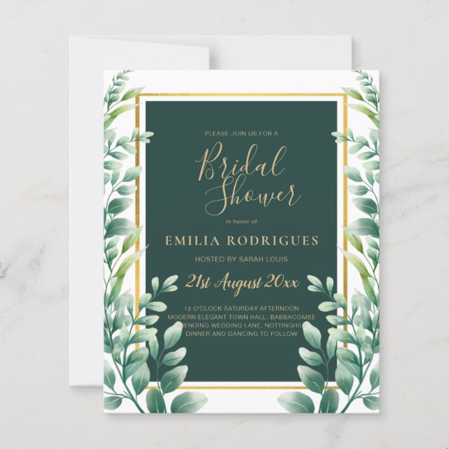 Eucalyptus Leaves GOLD Bridal Showuitnodiging (Voorkant)