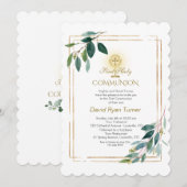 Eucalyptus Leaves Gold Cross Heilige Communie Kaart (Voorkant / Achterkant)