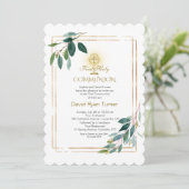 Eucalyptus Leaves Gold Cross Heilige Communie Kaart (Staand voorkant)
