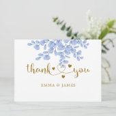 Eucalyptus Leaves Gold Dusty Blue Weddenschap Bedankkaart (Staand voorkant)