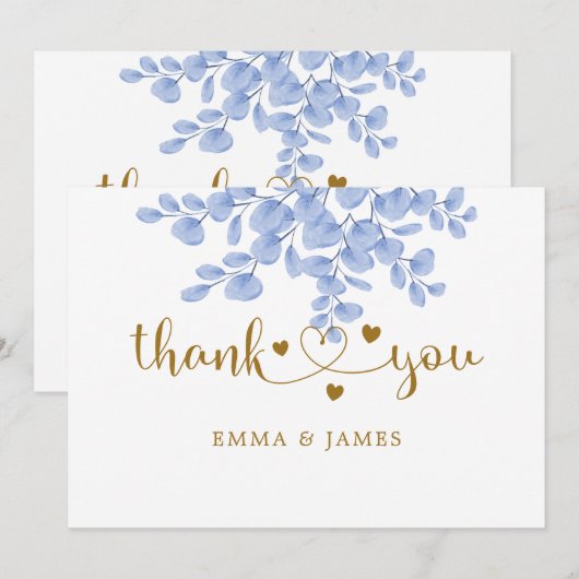 Eucalyptus Leaves Gold Dusty Blue Weddenschap Bedankkaart (Voorkant / Achterkant)