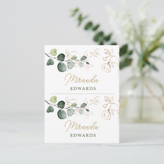 Eucalyptus Leaves Gold Floral Place card Briefkaart (Staand voorkant)