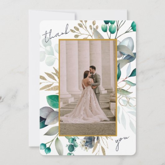 Eucalyptus Leaves & Gold Frame Watercolor Wedding Bedankkaart (Voorkant)