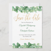 Eucalyptus Leaves Gold Green Trendy Elegant Save The Date (Voorkant)