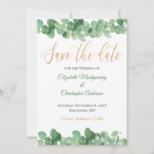 Eucalyptus Leaves Gold Green Trendy Elegant Save The Date (Voorkant)