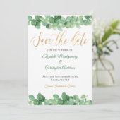 Eucalyptus Leaves Gold Green Trendy Elegant Save The Date (Staand voorkant)