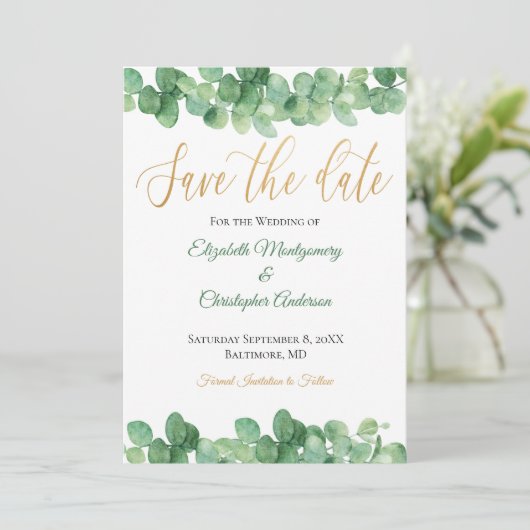 Eucalyptus Leaves Gold Green Trendy Elegant Save The Date (Staand voorkant)
