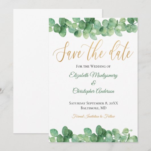 Eucalyptus Leaves Gold Green Trendy Elegant Save The Date (Voorkant / Achterkant)