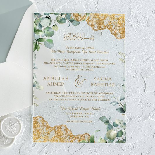Eucalyptus Leaves Gold Lace Muslim Wedding Acryl Uitnodigingen