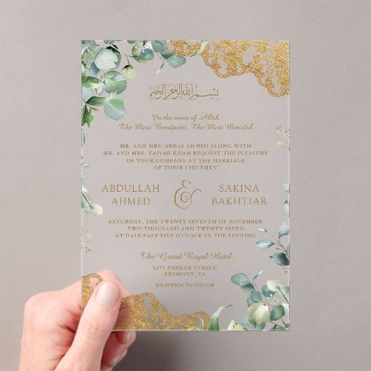 Eucalyptus Leaves Gold Lace Muslim Wedding Acryl Uitnodigingen (Insitu (Draagbaar))