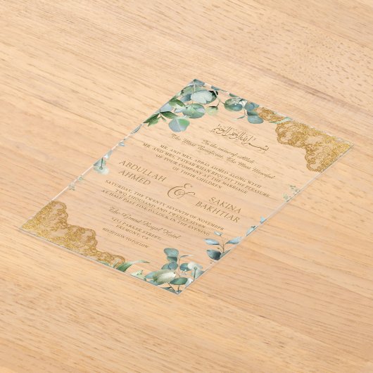 Eucalyptus Leaves Gold Lace Muslim Wedding Acryl Uitnodigingen (Laagn)