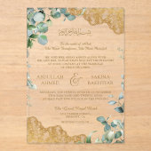 Eucalyptus Leaves Gold Lace Muslim Wedding Acryl Uitnodigingen (Voorkant)