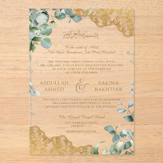 Eucalyptus Leaves Gold Lace Muslim Wedding Acryl Uitnodigingen (Voorkant)