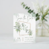 Eucalyptus Leaves Gold Lijst Greenery Wedding Save Aankondigingskaart (Staand voorkant)