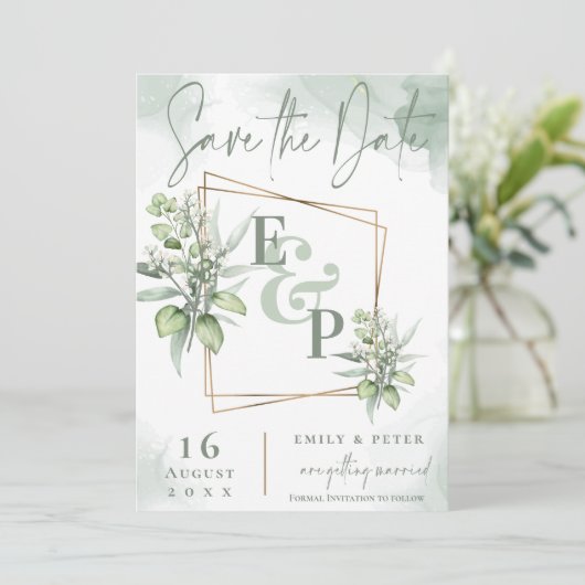 Eucalyptus Leaves Gold Lijst Greenery Wedding Save The Date (Staand voorkant)