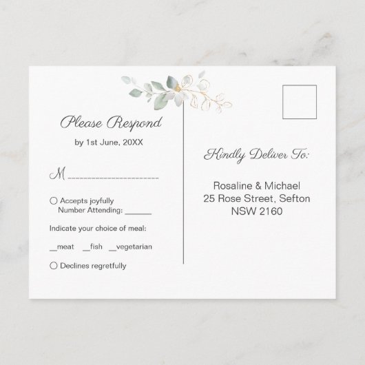 Eucalyptus Leaves Golden Floral RSVP Weddenschap Uitnodiging Briefkaart (Achterkant)