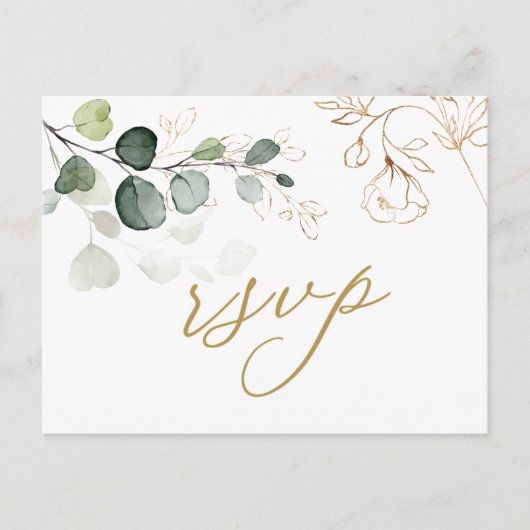 Eucalyptus Leaves Golden Floral RSVP Weddenschap Uitnodiging Briefkaart (Voorkant)