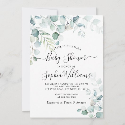 Eucalyptus Leaves Greenery Baby shower Invitation Kaart (Voorkant)