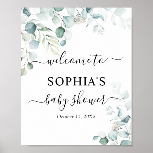 Eucalyptus Leaves Greenery Baby shower Welkom Poster (Voorkant)