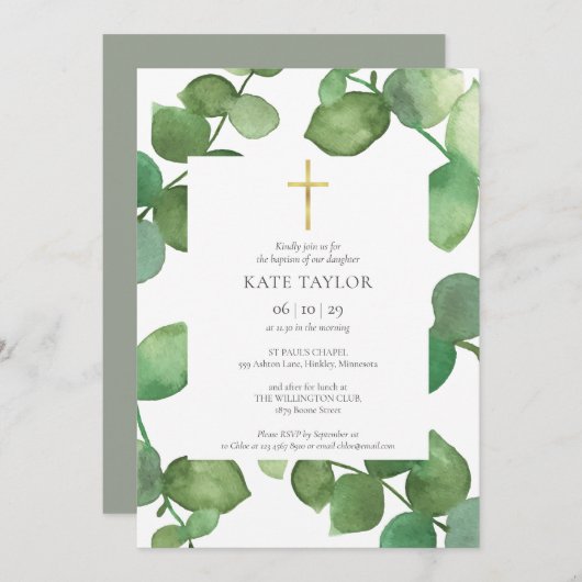 Eucalyptus Leaves Greenery Baptism Christening Kaart (Voorkant / Achterkant)