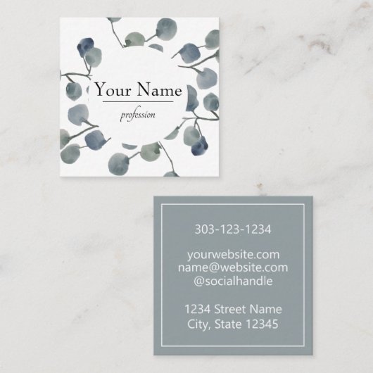 Eucalyptus Leaves Greenery Botanical Waterverf Vierkante Visitekaartje (Voorkant / Achterkant)