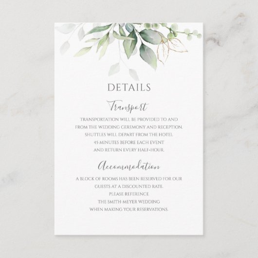Eucalyptus Leaves Greenery Gold Elegant Wedding Informatiekaartje (Voorkant)