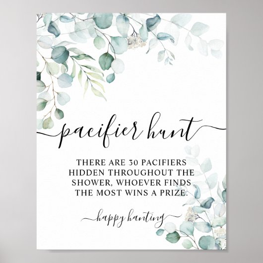 Eucalyptus Leaves Greenery Pacifier Hunt Game Sign Poster (Voorkant)