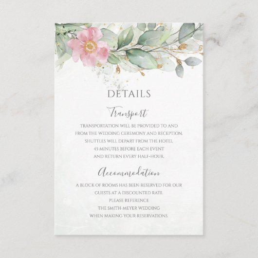 Eucalyptus Leaves Greenery Pink Floral Wedding Informatiekaartje (Voorkant)