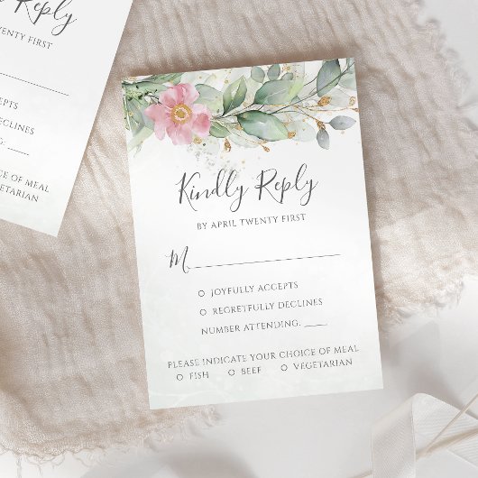 Eucalyptus Leaves Greenery Pink Floral Wedding RSVP Kaartje
