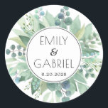 Eucalyptus Leaves Greenery Waterverf Wedding Ronde Sticker<br><div class="desc">Eenvoudige waterverf eucalyptus laat grove trouwstickers over voor je speciale viering. Zachte pastelgroenen. Elegant  typografie;</div>
