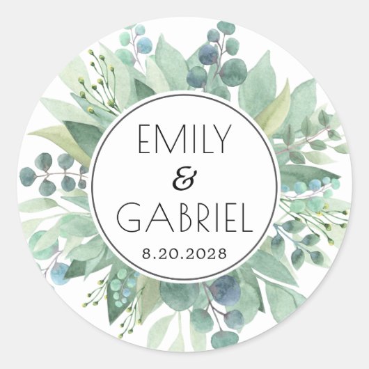 Eucalyptus Leaves Greenery Waterverf Wedding Ronde Sticker (Voorkant)