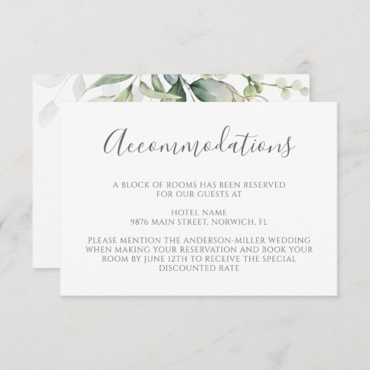 Eucalyptus Leaves Greenery Wedding Accommodations Informatiekaartje (Voorkant / Achterkant)