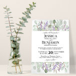 Eucalyptus Leaves Lavender Flowers Rustic Wedding Kaart<br><div class="desc">Deze trouwuitnodiging is simpel, mooi, elegant en bijtend. Het is voorzien van een handbeschilderd waterverf met jouw tekst omgeven door een bevy eucalyptusbladeren en lavendere bloemen in grijze en lichte paarse tinten. Op de achterkant is een leuk land met een wildbloem verbonden met een witte boeg. Een prachtige manier om...</div>