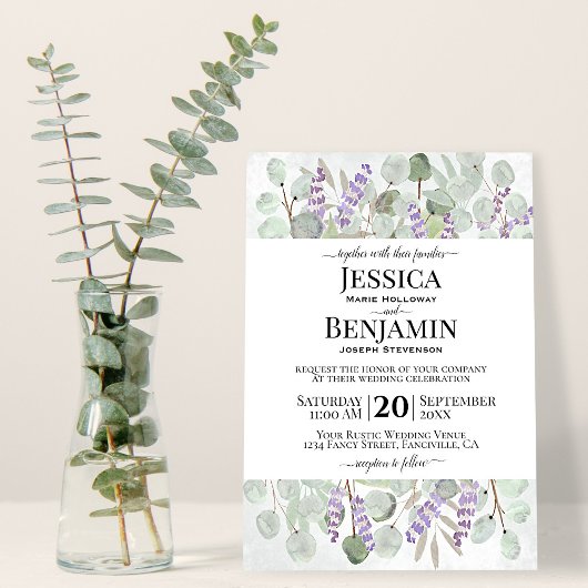 Eucalyptus Leaves Lavender Flowers Rustic Wedding Kaart