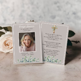Eucalyptus Leaves Memorial Photo Taupe Prayer Card Visitekaartje