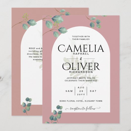 Eucalyptus Leaves Overlay Arch Wedding Kaart (Voorkant / Achterkant)