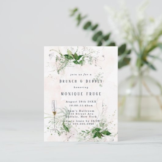Eucalyptus Leaves Pink Brunch & Bubble Inviting Kaart (Staand voorkant)