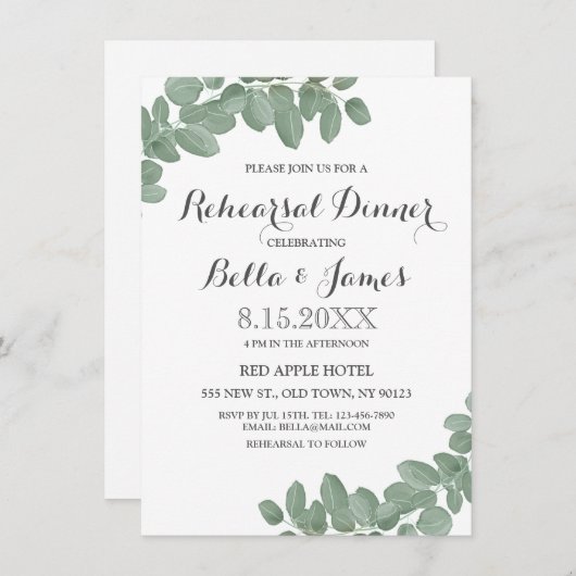 Eucalyptus Leaves Rehearsal Dinner Invitation Kaart (Voorkant / Achterkant)