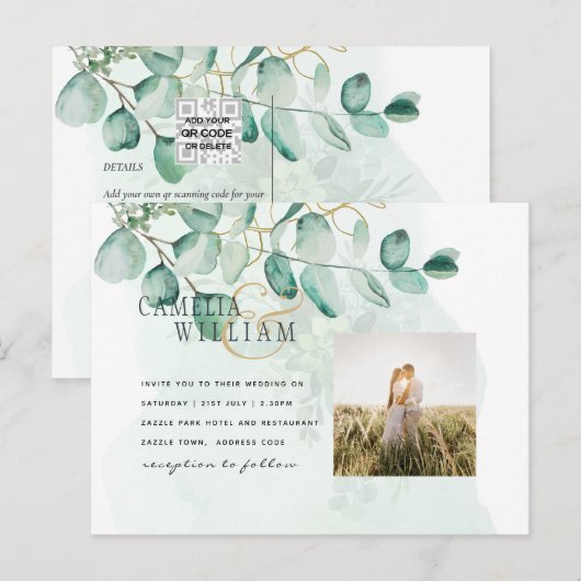 Eucalyptus Leaves Wedding Greenery QR CODE Modern Briefkaart (Voorkant / Achterkant)