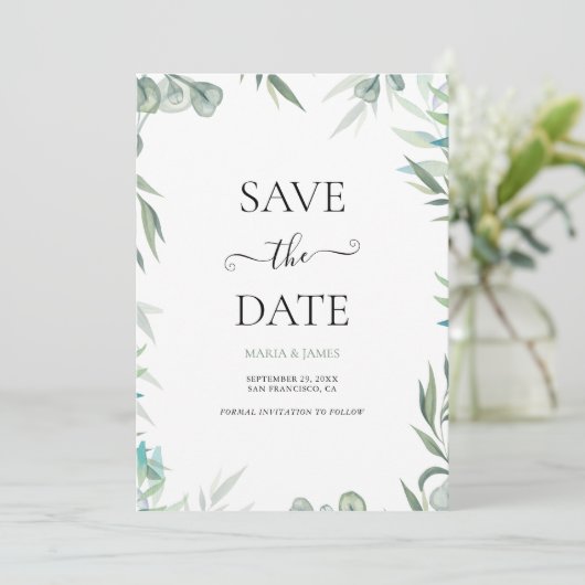Eucalyptus Leaves Wedding Save The Date (Staand voorkant)