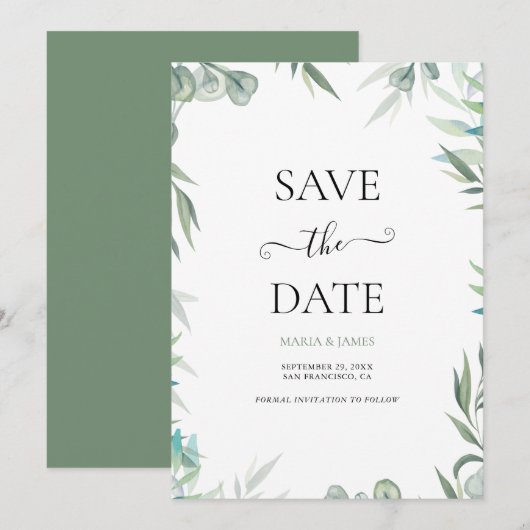 Eucalyptus Leaves Wedding Save The Date (Voorkant / Achterkant)