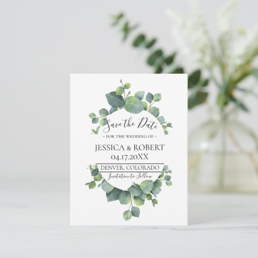 Eucalyptus Leaves Wedding Save the Date (Staand voorkant)