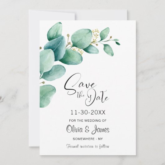 Eucalyptus Leaves Wedding Save the Date (Voorkant)