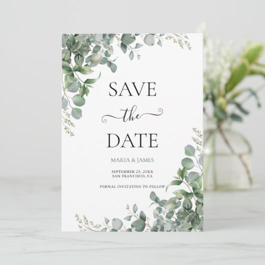 Eucalyptus Leaves Wedding Save The Date (Staand voorkant)