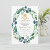 Eucalyptus Leaves Wreater Gold Heilige Communie Kaart (Staand voorkant)
