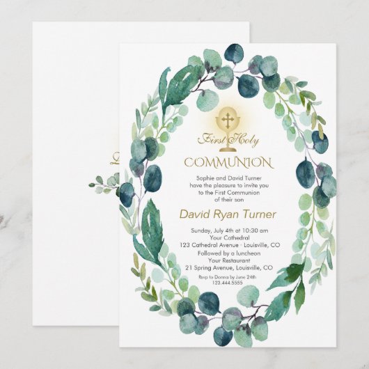 Eucalyptus Leaves Wreater Gold Heilige Communie Kaart (Voorkant / Achterkant)