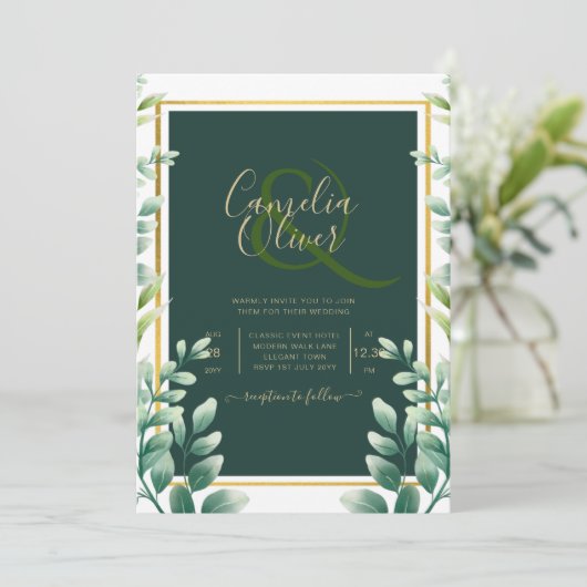 Eucalyptus leest GOLD WEDDING QR CODE INVITE RSVP Kaart (Staand voorkant)