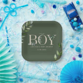 Eucalyptus Lettering Green Boy Baby shower Papieren Bordje (Feest)