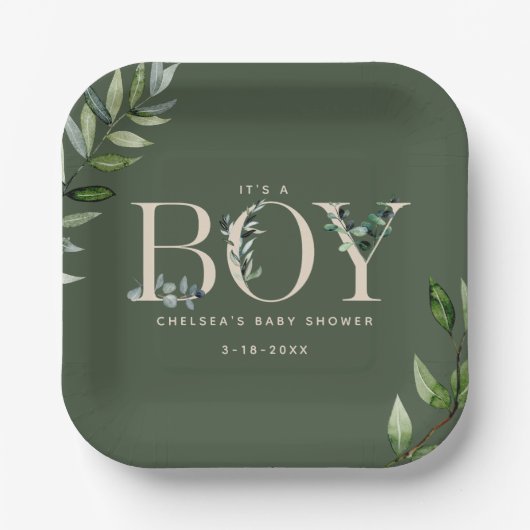Eucalyptus Lettering Green Boy Baby shower Papieren Bordje (Voorkant)