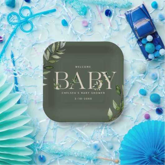 Eucalyptus Lettering Groen neutraal Baby shower Papieren Bordje (Feest)